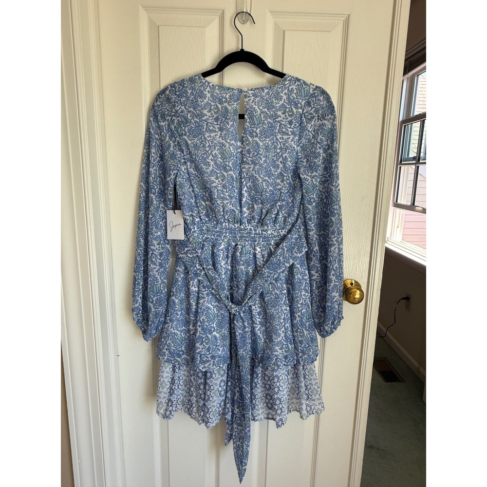 Japna Blue Floral V-Neck Ruffle Mini Dress Long Balloon Sleeve NWT‎ Medium - Picture 2 of 7